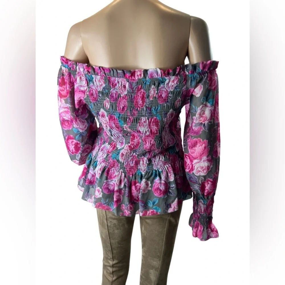 Torrid Crinkle Floral Chiffon Smocked Ruffle Off Shoulder Crop Top Blouse Size 1 - Picture 5 of 14